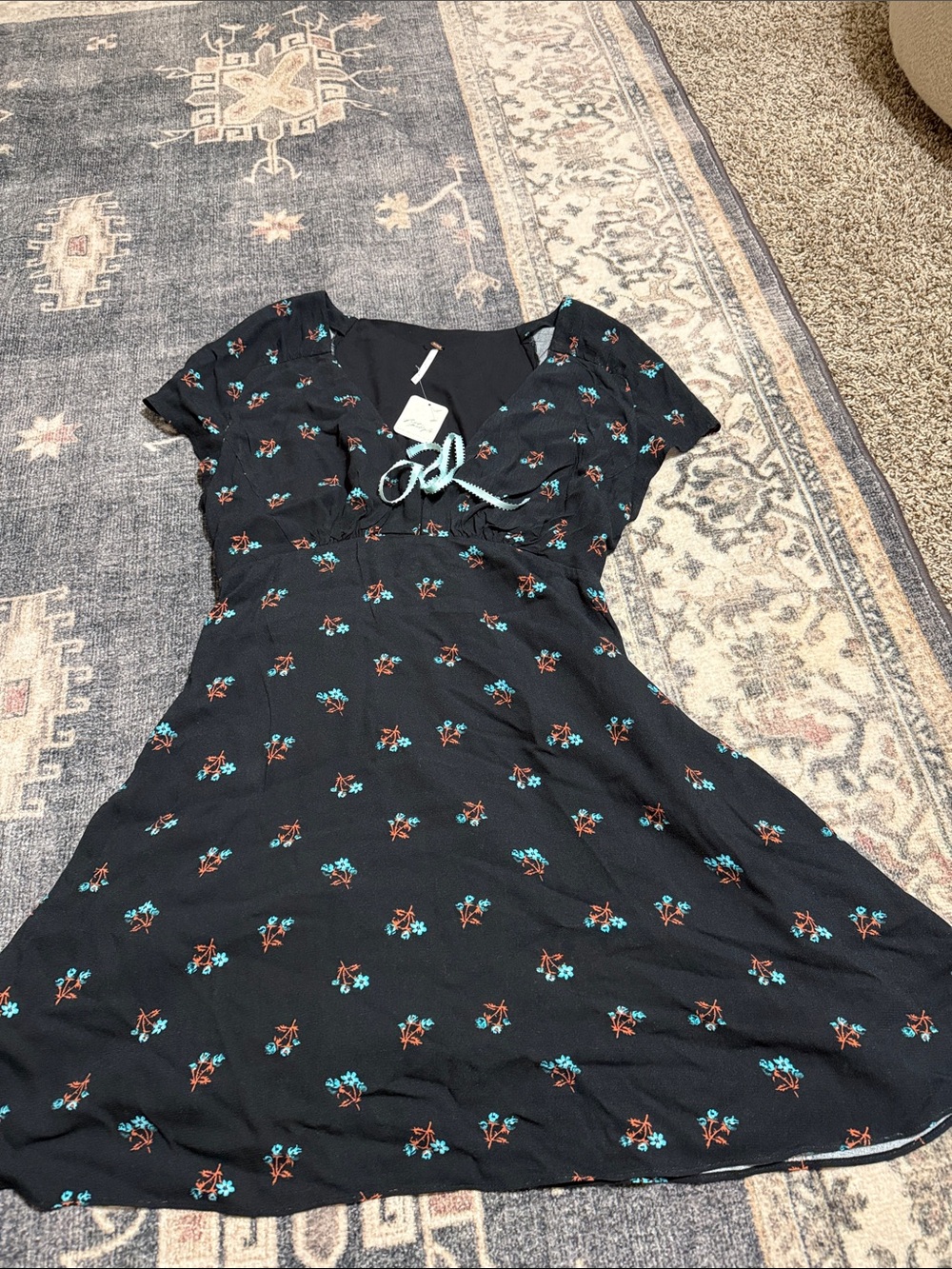 Free People Black Floral Midi Dress with Teal & Rust Accents